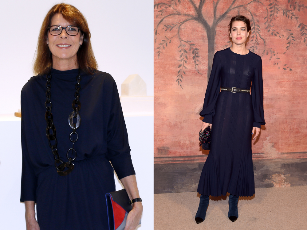 El color azul es simbología de honor en la realeza. Carolina de Mónaco lo luce en 2013 para inaugurar una exposición en el museo nacional de su país. Carlota prefiere llevarlo con cinturón para marcar figura en la presentación crucero de Chanel 2017. 