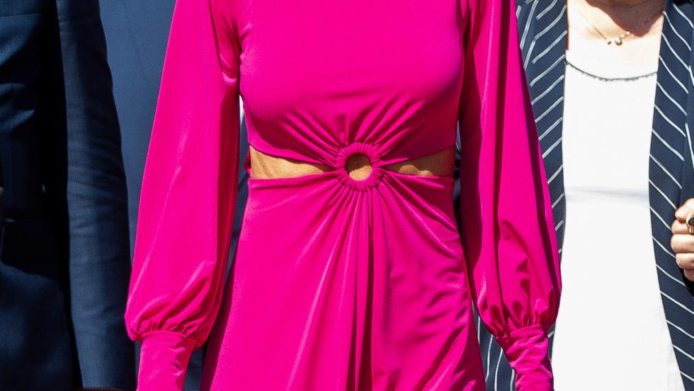 El vestido rosa con aberturas de la reina Letizia.