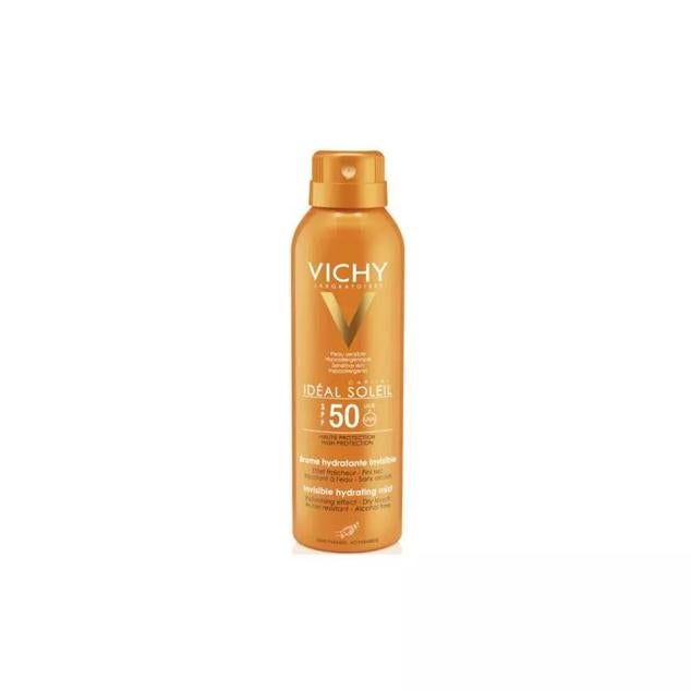 Disfruta de una protección de amplio espectro SPF50 gracias a esta  bruma  hidratante y refrescante con acabado seco e invisible en la piel, que ayuda a revitalizar la apariencia, aumenta la elasticidad, reconfortar y tonificar. Neutraliza las radiaciones, el estrés oxidativo e hidrata profundamente y está formulada con vitamina E, raíz de escutelaria, manteca de karité y baicalina.
