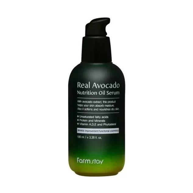 Real Avocado Nutrition Oil Serum de Farmstay es un sérum superhidratante formulado a partir de extracto y aceite de aguacate, para nutrir, reparar, revitalizar y rejuvenecer la piel. La centella asiática alivia, regenera y favorece la hidratación, el ginseng energiza, la raíz de regaliz mejora la luminosidad y uniformidad del tono, la adenosina impulsa el colágeno y la mezcla de pantenol y ácido hialurónico mantiene la humedad, rellena y hace más flexible la piel.