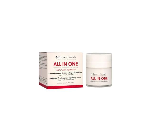 La All In One de Farma Dorsch está formulada a partir de AHA's, vitaminas, coenzima Q10, alga laminaria y silicio orgánico.  Cómpralo aquí