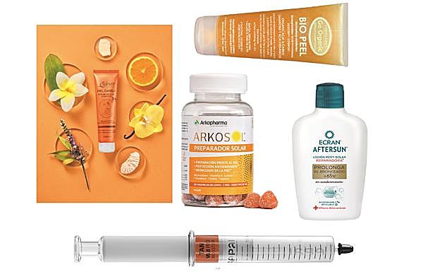 E'lifexir. Intensificador del bronceado Piel Canela SPF 30 (24,25 €). Sepai. Booster v.6.8 TAN PRO para añadir a la crema corporal (69 €). Ecran. Loción Post-Solar Reparadora (7,72 €). + Farma Dorsch. Exfoliante hidratante Bio Peel Go Organic (25,75 €). Arkopharma. Arkosol Gummies Preparador Solar (24,90 €).