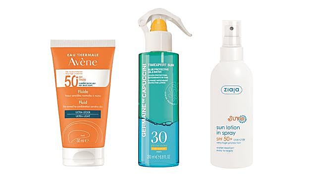 1. AVÈNE. Fluido ultra ligero SPF 50+ (13,95 €). 2. GERMAINE DE CAPUCCINI. Loción protectora bifásica Blue Protective Oil &amp; Water SPF 30+ (34 €). 3. ZIAJA. Protector Solar Hidratante en spray SPF 50 + (9,99 €).