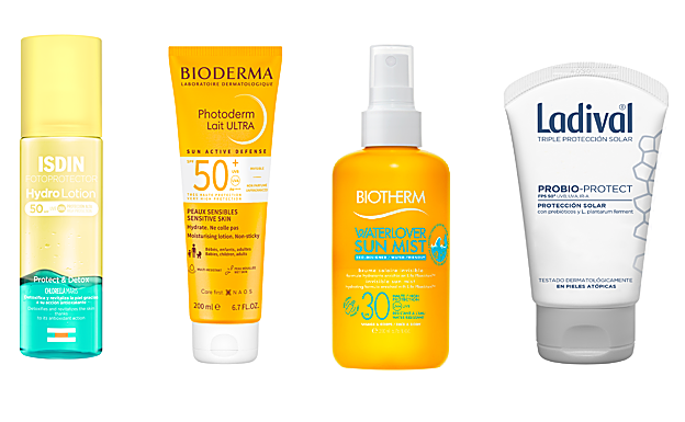 1. Isdin. Protector bifásico HydroLotion con Chlorella Maris (24,95 €). 2. Bioderma. Leche protectora Photoderm Lait Ultra SPF 50+ (20,95 €). 3. Biotherm. Bruma solar invisible Waterlover Sun Mist (24,50 €). 4. Ladival. Protector Probio-Protect (19,26 €).