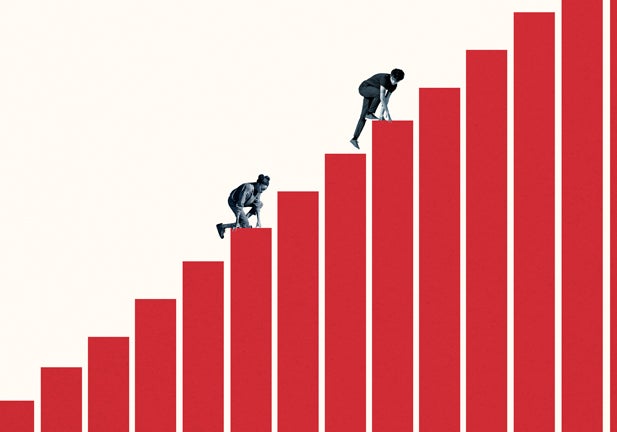 Full length young woman and man climbing red bar graph together against white background