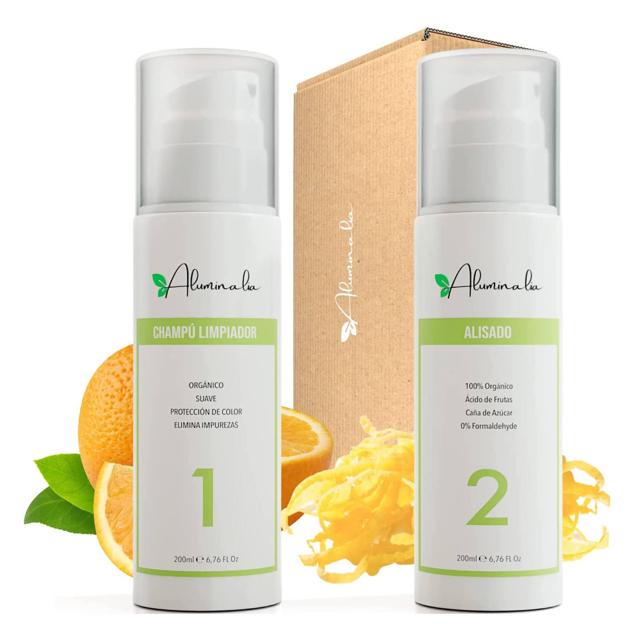 El Kit Alisado Orgánico de Aluminalia está formado por un champú y un producto alisador.  Cómpralo aquí