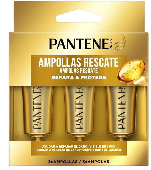 Solo necesitas 1 minuto con las Ampollas Rescate para reparar y proteger tu cabello. En formato de tres ampollas, puedes utilizarlas tanto en el día a día como en un viaje. Los nutrientes Pro V hidratan el cabello y recuperan su brillo. Se recomienda utilizar una o dos veces a la semana. (5,49 euros).