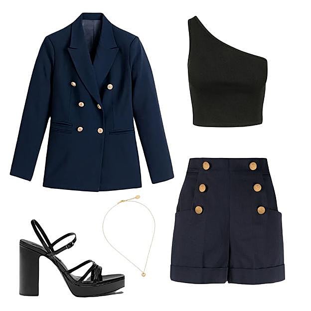 De izq. a dhc: americana de La Redoute, sandalias de Pull&Bear, colgante de Malababa, top de Urban Classic, shorts de P.a.r.o.s.h,.