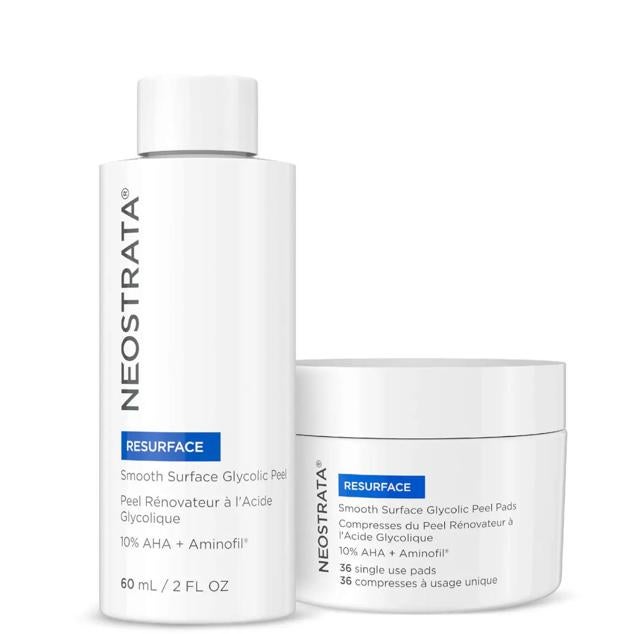 Resurface Smooth Surface 10% Glycolic Peel de Neostrata combate la piel apagada y envejecida al ofrecer suavidad, reducción de arrugas y pigmentación, tonicidad, volumen y luminosidad gracias al ácido glicólico renovador y el complejo patentado Aminofil®. Cómpralo aquí