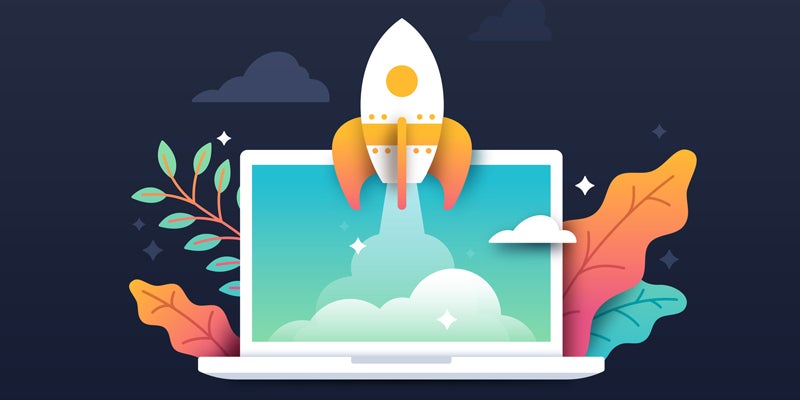 Spaceship rocket taking off from laptop startup development idea process.