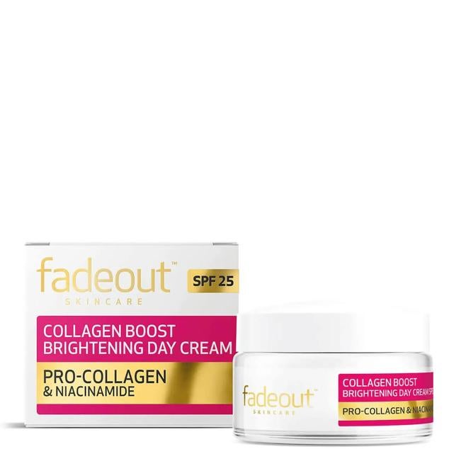 Collagen Boost Day Cream SPF25 de Fade Out fomenta un efecto buena cara, corrige los signos de envejecimiento, aumenta las defensas de la piel y unifica con intensidad. La mezcla de niacinamida, ácido láctico e hibisco reduce la pigmentación más oscura y potencia el colágeno para rejuvenecer la apariencia, igualar el tono y potenciar la luminosidad. Cómpralo aquí