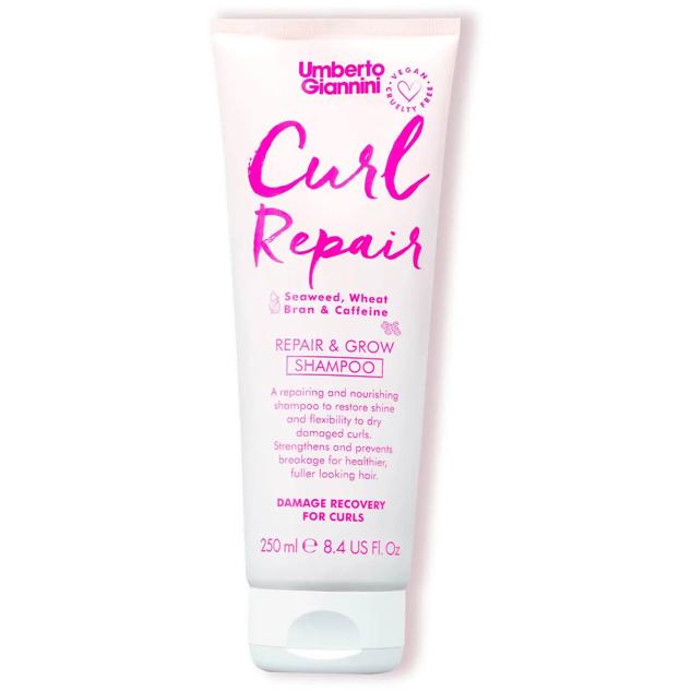 Curl Repair and Grow Shampoo de Umberto Giannini promueve el crecimiento del pelo, fortifica para evitar roturas, reduce puntas abiertas, controla el encrespamiento y redefine la elasticidad y forma del rizo, suavizando y acondicionando. Está enriquecido con algas marinas y salvado de trigo. Cómpralo aquí