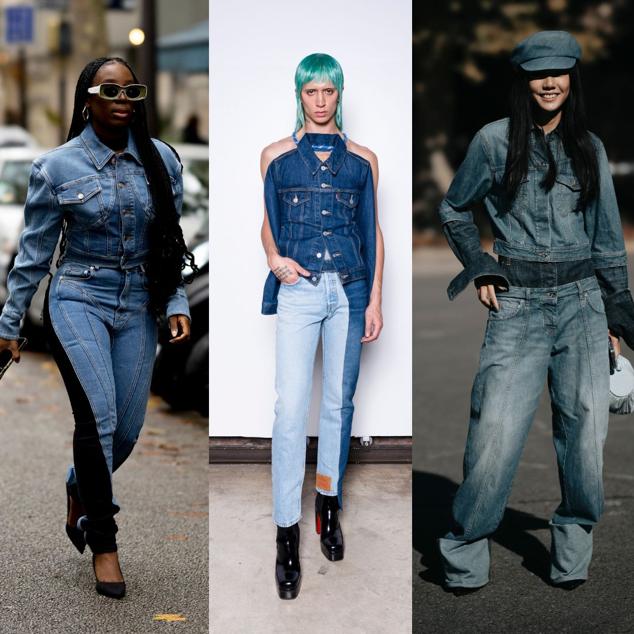 Una de las formas más fáciles de probar la tendencia total denim es hacerlo combinando distintos tipos de vaqueros. Puedes añadir el negro, usar un tejido muy claro y otro muy oscuro como la propuesta de Acromatyx o jugar con las superposiciones.