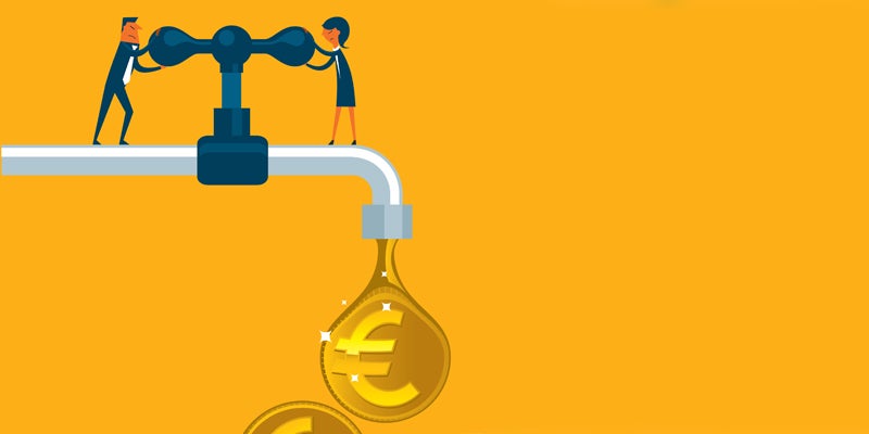 Businessman turning on or turning off the tap with a drop of dollar sign currency stock illustration