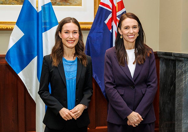 AUCKLAND, NEW ZEALAND - NOVEMBER 30: (L-R) Sanna Marin, Prime Minister of Finland and Prime Minster of New Zealand Jacinda Ardern pose for a portrait at Government House on November 30, 2022 in Auckland, New Zealand. Marin is in New Zealand for a three-day visit, which comes after Ardern's government signed a free trade agreement with the European Union. (Photo by Dave Rowland/Getty Images)