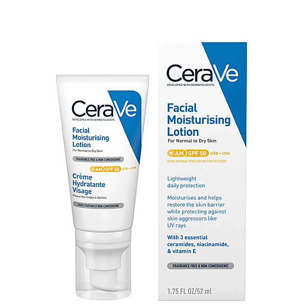 Loción hidratante facial AM SPF50 para pieles normales a secas de Cerave.