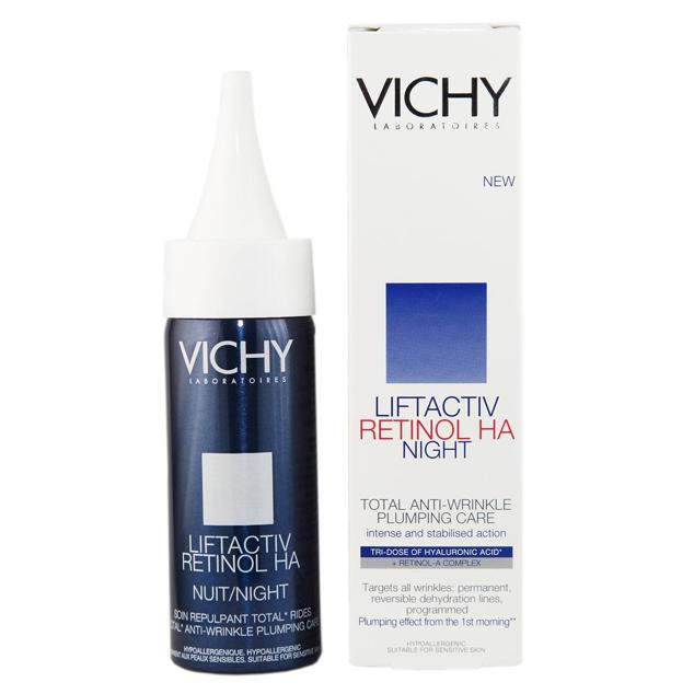 Liftactiv Retinol HA Night de Vichy reduce el volumen total de las arrugas, rellena las permanentes, compensa las reversibles y neutraliza las embrionarias con la combinación de la acción de su triple dosis de ácido hialurónico inspirada en las inyecciones y el efecto pulido que consigue el  retinol . Cómpralo aquí