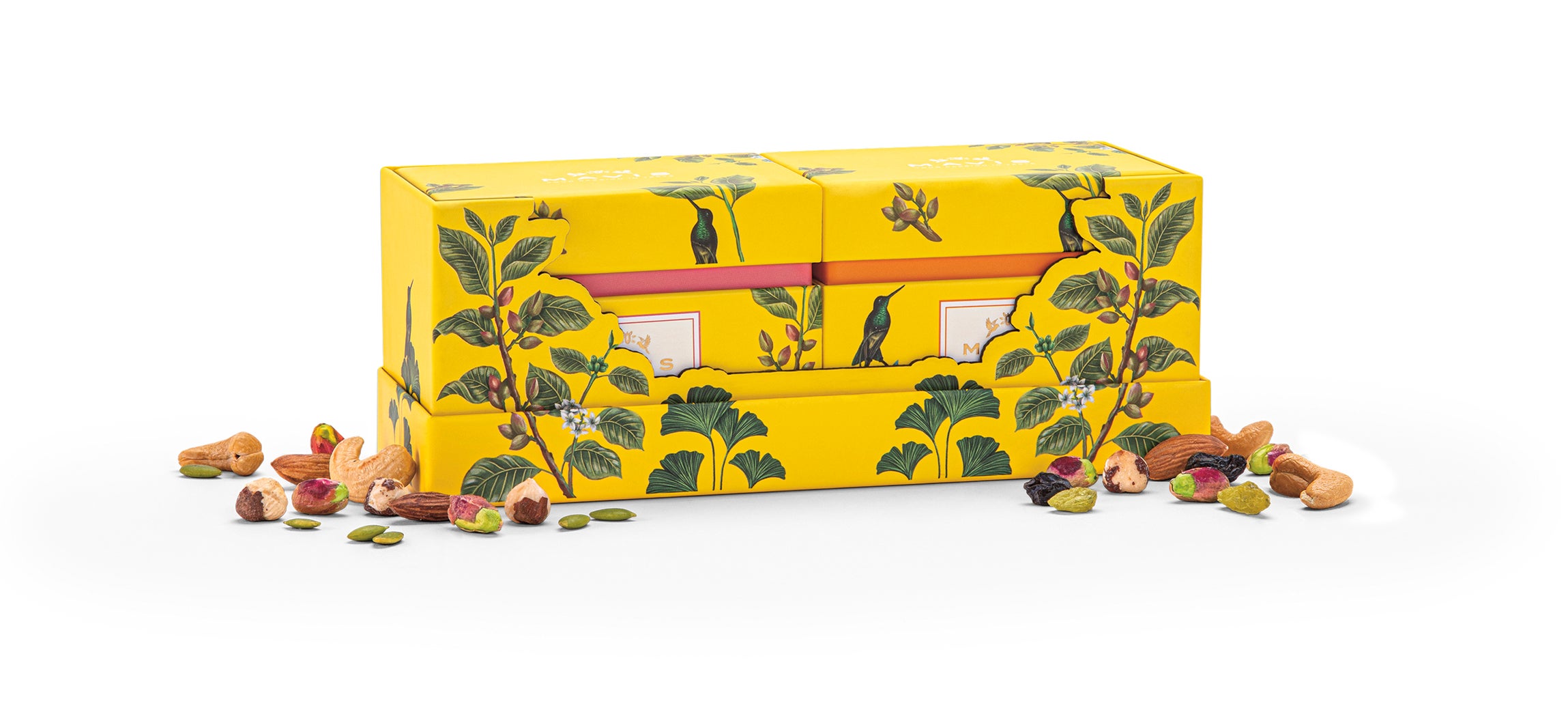 Gift boxes con cocktails de frutos secos premium, en variedades dulce y salada, de Mavis (desde 6,95 €).