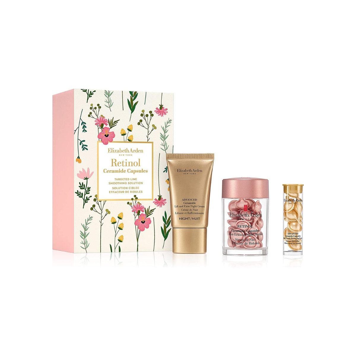 Estuche con crema de noche y sérum encapsulado con retinol y ceramidas de Elizabeth Arden.