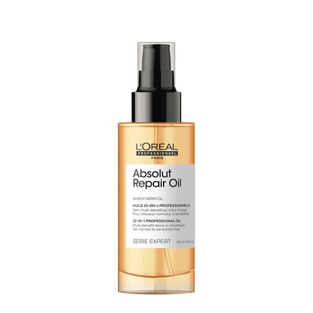 Absolut Repair Oil de L’Oréal Professsionnel es un aceite multiusos 10 en 1 con propiedades hidratantes, reparadoras, fortalecedoras, iluminadoras, antiencrespamiento, desenredantes, correctoras de punas abiertas y rotura y facilitadoras del peinado. Su fórmula emplea la poderosa mezcla del aceite de arroz y germen de trigo.