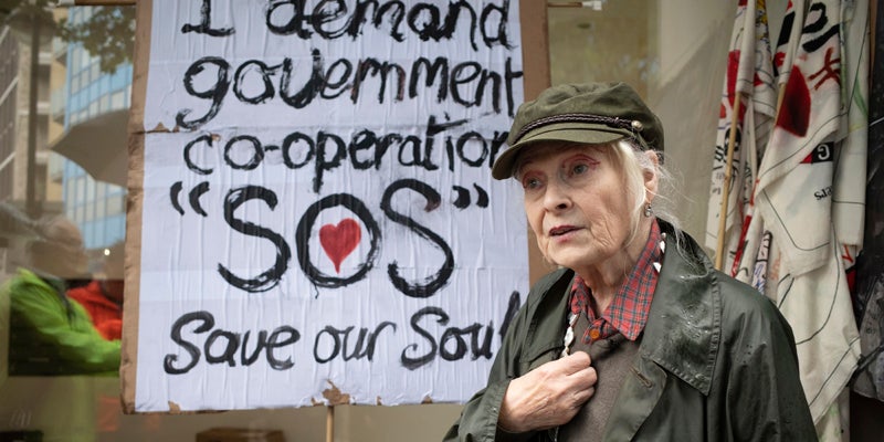 LONDON, ENGLAND - SEPTEMBER 14: Vivienne Westwood speaks outside the ExCel centre where DSEI London is taking place on September 14, 2021 in London, England. Anti-war activists groups including the Campaign for Nuclear Disarmament and the Stop the War Coalition are staging a number of protests against the Defence and Security Equipment International (DSEI). (Photo by Ki Price/Getty Images)