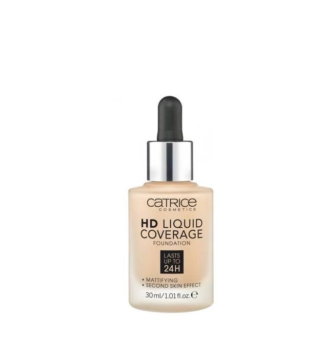 HD Liquid Coverage Foundation de Catrice deja la tez como pasada por un filtro, ultra lisa uniforme y sin arrugas, debido a su gran cobertura y su fórmula que se funde con la piel y la perfeccione. Lo cubre todo y matifica, sin dejar el rostro plano resultar pesada, durante 24 horas.