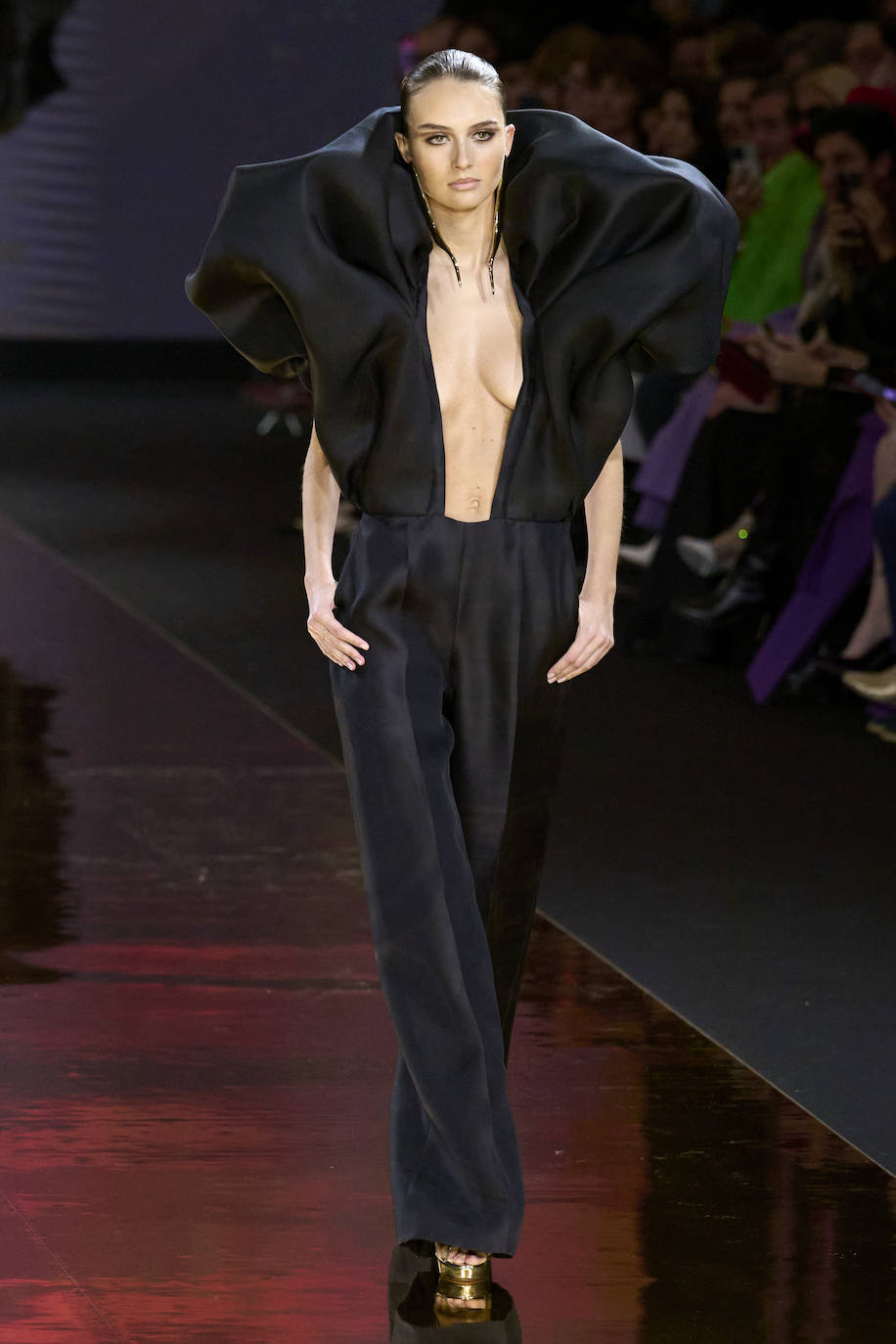 Impresionante mono negro con escote XXL y volúmenes de Stéphane Rolland.