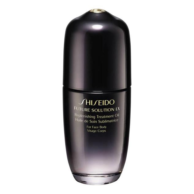 Future Solution LX Replenishing Treatment Oil de Shiseido hidrata al máximo y deja un tacto ultra sedoso, que alisa las arrugas y mejora la elasticidad, jugosidad, luminosidad y volumen de la piel, gracias a sus mezcla regeneradora y nutritiva, rica en vitaminas, de aceite de onagra, cártamo, argán, jojoba, nuez de macadamia, fermentos y ácido hialurónico.