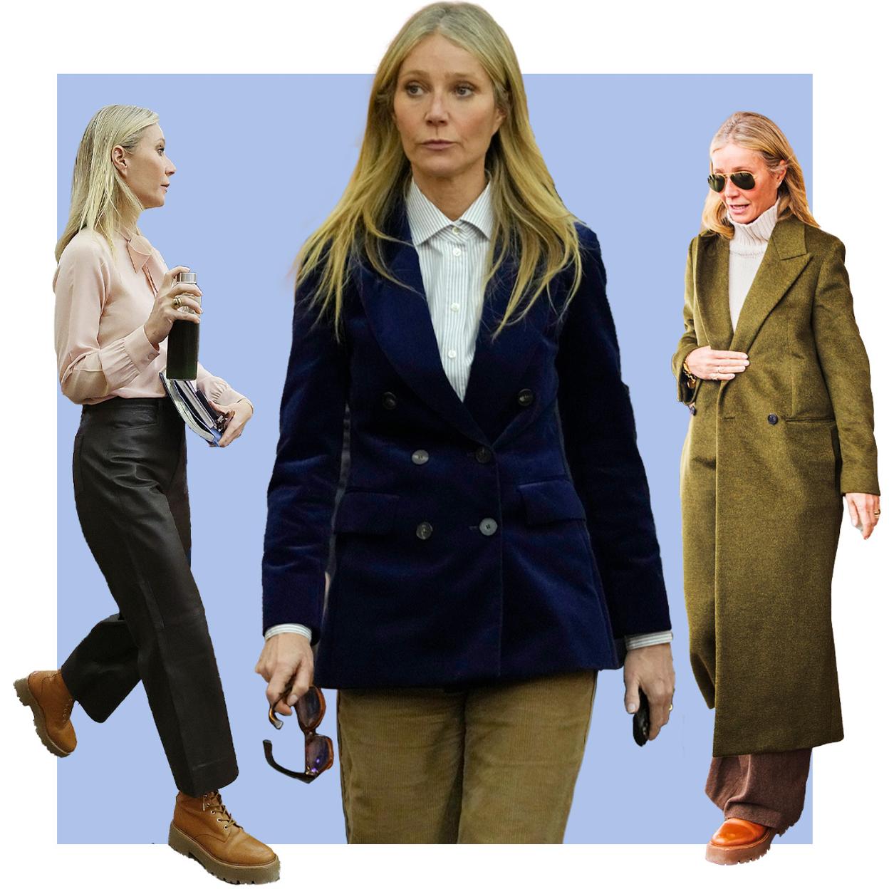 Gwyneth Paltrow, con algunos de los looks que llevó en el juicio que dirimió su involucración en un accidente mientras esquiaba, en una estación de lijo de Utah en 2019. 