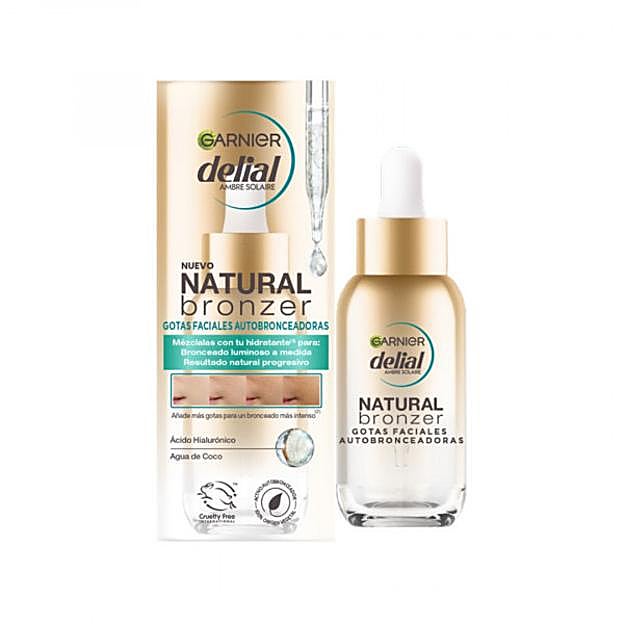 Natural Bronzer Gotas Faciales Autobronceadoras con Ácido hialurónico y Agua de coco de Delial.