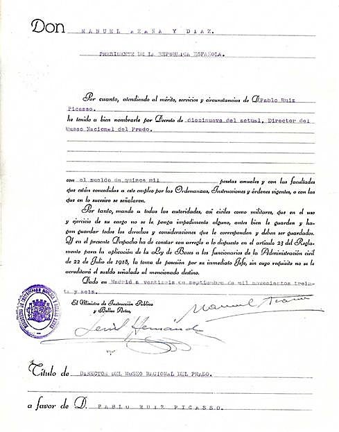 Acta de nombramiento de Pablo Ruiz Picasso como director del Museo del Prado. 