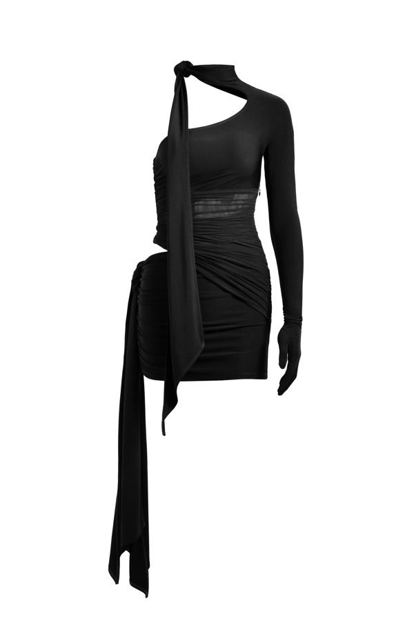 Un vestido negro es un básico de cualquier armario. Si te gustan los diseños sofisticados ficha este modelo ceñido corto en punto de crepé de viscosa y malla transparente. Es un modelo de un hombro con corte superior asimétrico, cuello elevado y una manga larga con guante extraíble con botón de presión. Tiene secciones cut-out drapeadas que se enrollan alrededor del cuerpo con el estilo inconfundible del diseñador. Además, lleva una tiras extraamplias enlazadas en cuello y caderas. Cuesta 129 euros.