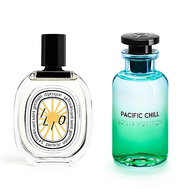 Ilio de Diptyque y Pacific Chill de Louis Vuitton son dos fragancias exclusivas y perfectas para las vacaciones.