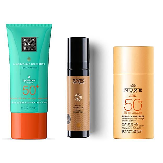 Protección solar invisible con SPF 50+ de Rituals / Crema solar facial de Secretos del Agua / Fluido solar ligero SPF 50 de Nuxe.