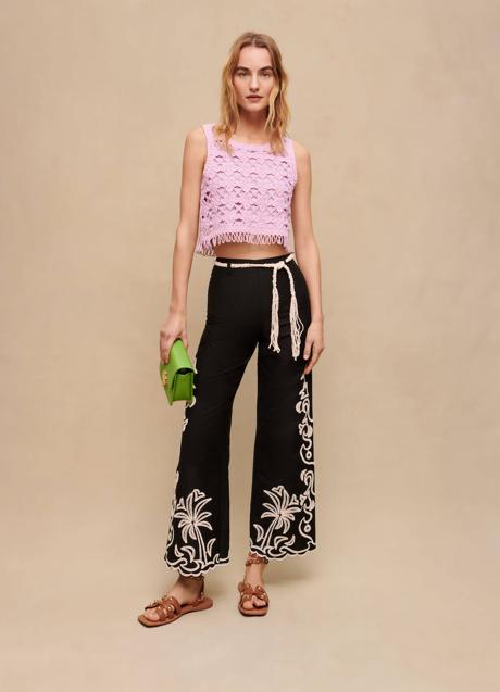 Imagen - Pantalón culotte con bordado de palmeras bicolor
