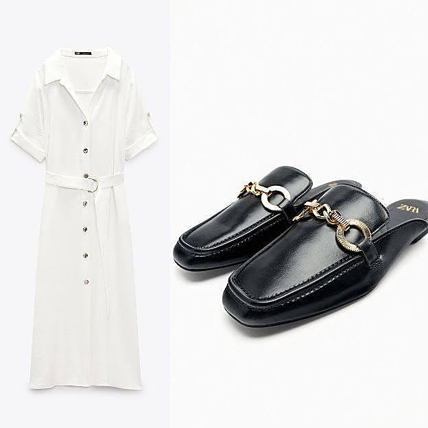 Vestido blanco de Zara y mocasines de Zara