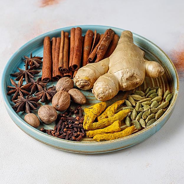 Diferentes especias para realizar una infusión: cardamomo, jengibre, canela, anis, clavo...