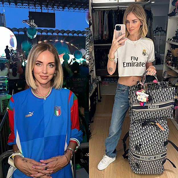 Chiara Ferragni en dos looks con camiseta de fútbol.