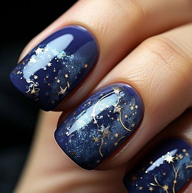 Uñas azules con diseño de cielo nocturno