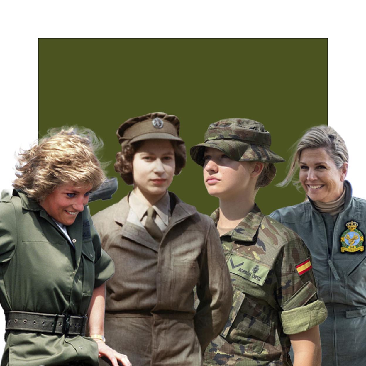 De izq. a dcha., Diana de Gales, Isabel II, la princesa Leonor y Máxima de Holanda, todas con uniforme militar.