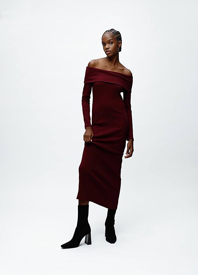 Imagen - Vestido de punto con escote bardot color burdeos