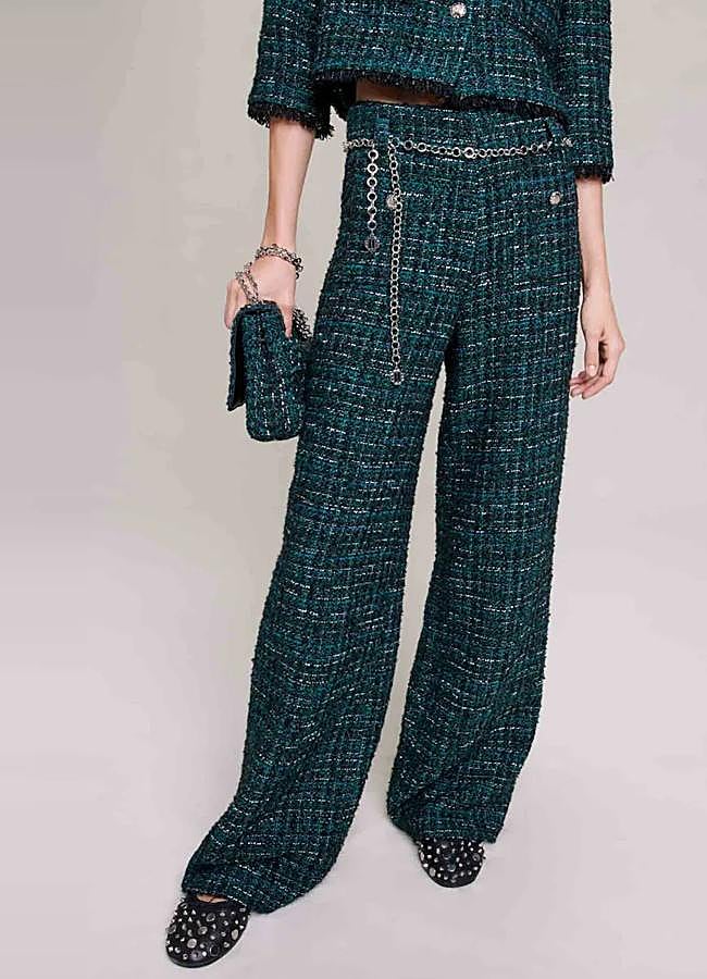 Imagen - Pantalón ancho de mujer de tweed con cinturón de eslabones estraíble.