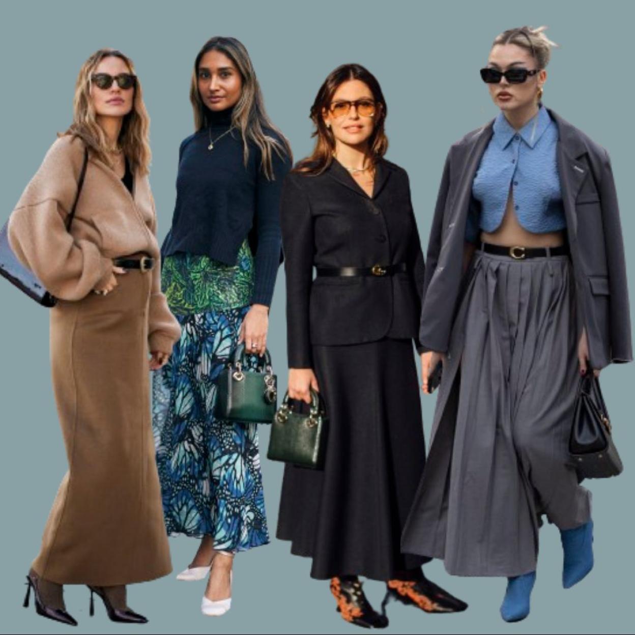 Looks de street style con falda larga.