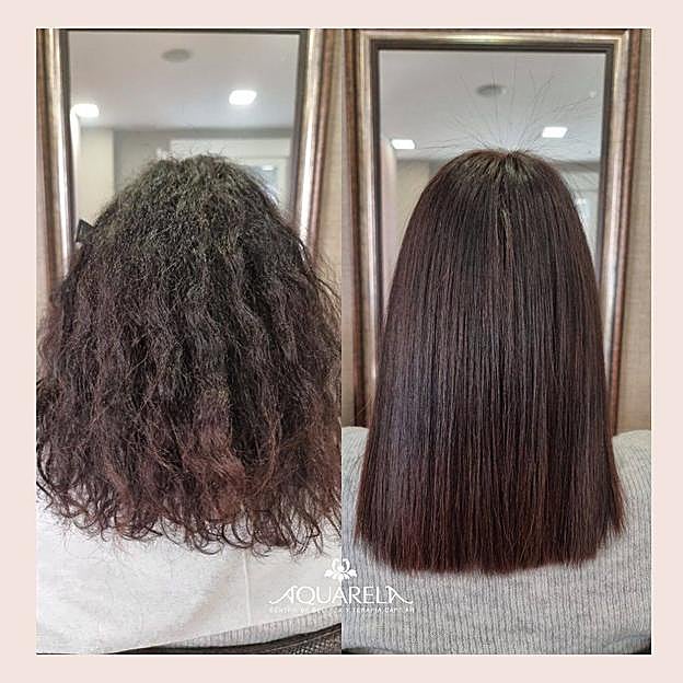 Antes y después de alisado brasileño en pelo rizado