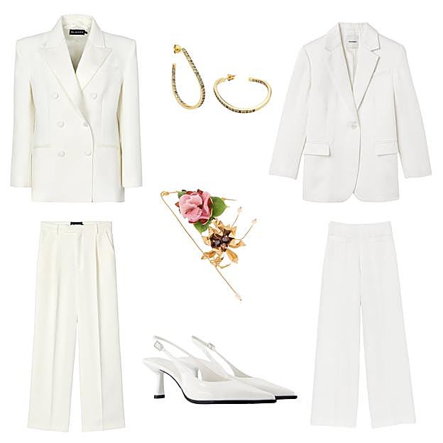 Americana cruzada tipo esmoquin (295 €) y pantalón ancho (195 €), de BLANAM. Pendientes de aro con circonitas, de SECRECY (125 €). Blazer (375 €) y pantalón (245 €), de SANDRO. Zapatos destalonados, de BERSHKA (22, 99 €). Broche en latón con baño de oro, de SUMA CRUZ (580 €). 