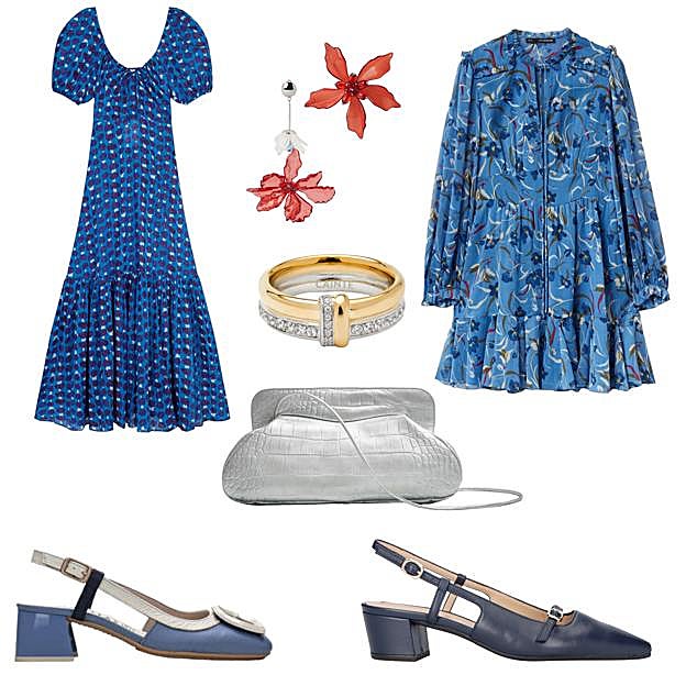 Vestido con escote redondo, de BABBAKI (129 €). Pendientes largos con flor en resina, de PARFOIS (25, 99 €). Anillo con circonitas, de CAINTÈ (75 €). Vestido corto amplio, con volante, de SFERA (35, 99 €). Zapato destalonado con adorno de hebilla en el empeine, de HISPANITAS (119, 90 €). Bolso Constanza, en piel grabada, de PHIALEBEL (395 €). Zapato Greta destalonado con puntera afilada y detalle de minihebilla, de MASCARÓ (229 €). 