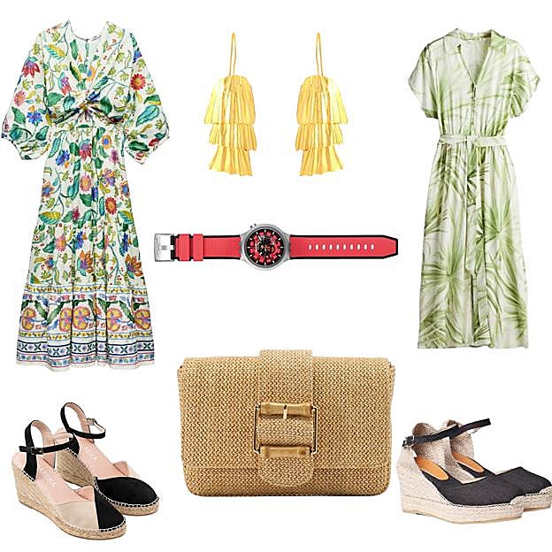 Vestido con cuerpo cruzado, de ZARA (49, 95 €). Pendientes en latón con acabado en oro, de ACUS (38 €). Reloj Big Bold Irony, con caja de acero y correa de caucho, de SWATCH (195 €). Alpargatas Laia, con pulsera al tobillo, de TONi PONS (75 €). Bolso de mano efecto rafia, de PARFOIS (19, 99 ). Alpargatas en ante bicolor, de MACARENA, 84, 90 €. 