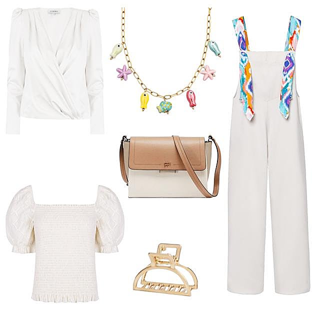 Camisa cruzada y drapeada, de COOSY (79 €). Collar Arrecife, en acero chapado en oro, de SINGULARU (33 €). Mono ancho con tirantes de colores, de MiBAMBALINA (92,50 €). Pinza de pelo dorada, de PARFOIS (5 €). Top con mangas abullonadas, de SLOW LOVE (19,99 €). Bolso bandolera con solapa, de PARFOIS (25,99 €). 