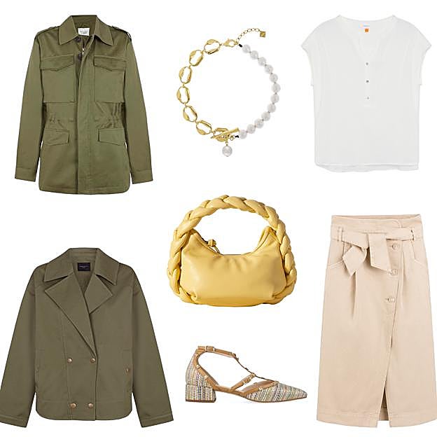 Chaqueta tipo sahariana, de TFP BY TAMARA FALCÓ PEDRO DEL HIERRO (269 €). Collar con eslabones dorados y perlas, de VIDDA (261 €). Camiseta de algodón con botones, de THAIS AMICH (79 €). Falda cruzada con cinturón, de LA REDOUTE COLLECTIONS (39,99 €). Zapato con tacón bajo y pulsera al tobillo, de LODI (179 €). Cazadora cruzada, de CORTEFIEL (79,99 €). Bolso Espiga en piel, con asa trenzada, de HEREU (490 €). 