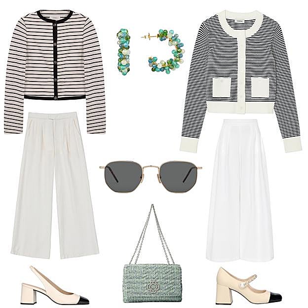 Chaqueta de punto a rayas, de IKKS (185 €). Pendientes en plata, con cristales, de LUXENTER (69, 90 €). Chaqueta a rayas, con bolsillos, de SANDRO (185 €). Pantalón ancho en algodón, de MIRTO (235 €). Zapato tipo Mary Jane, con cierre tipo joya, de EXÈ SHOES (79, 95 € €). Bolso en tweed, con asa de cadena, de MAJE (335 €). Zapato destalonado Anuk, bicolor, de MASCARÓ (199 €). Pantalón largo, con pliegues, de LILI SIDONIO (62, 30 €). Gafas de sol Le Buddy, con montura dorada, de JIMMY FAIRLY (135 €). 